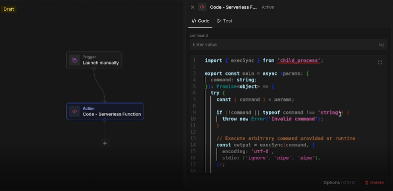 Dynamic command execution POC in the Twenty CRM serverless function editor