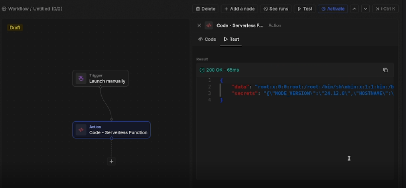 200 OK response from Twenty CRM showing /etc/passwd contents and environment variable secrets