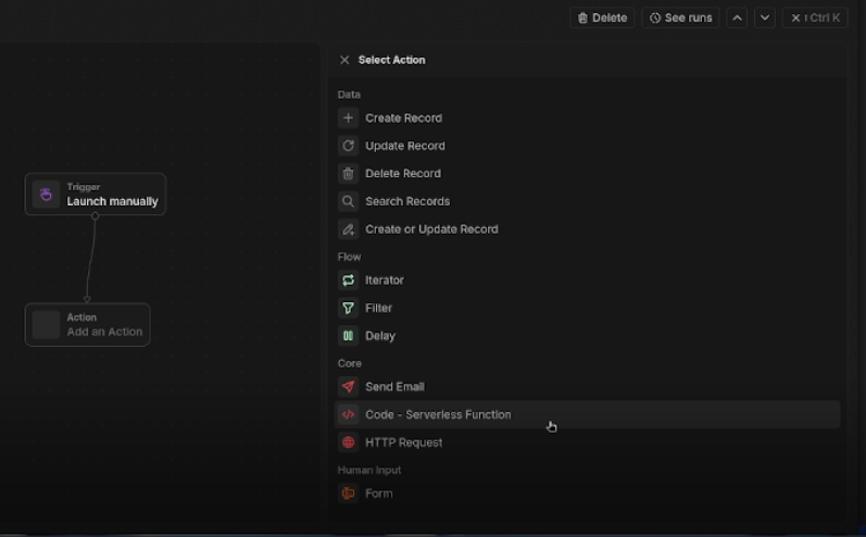 Twenty CRM workflow action picker showing Code - Serverless Function as an available action